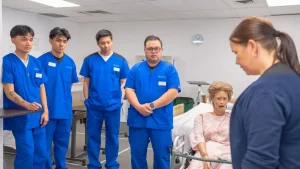 Pflegefachkraft übt in einer Weiterbildung die Versorgung am Intensivpflege-Simulator